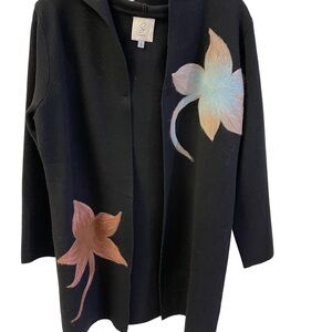 Sioni Black Flower Design Embroidered Long Cardigan w/Hood Sz Small NWOT